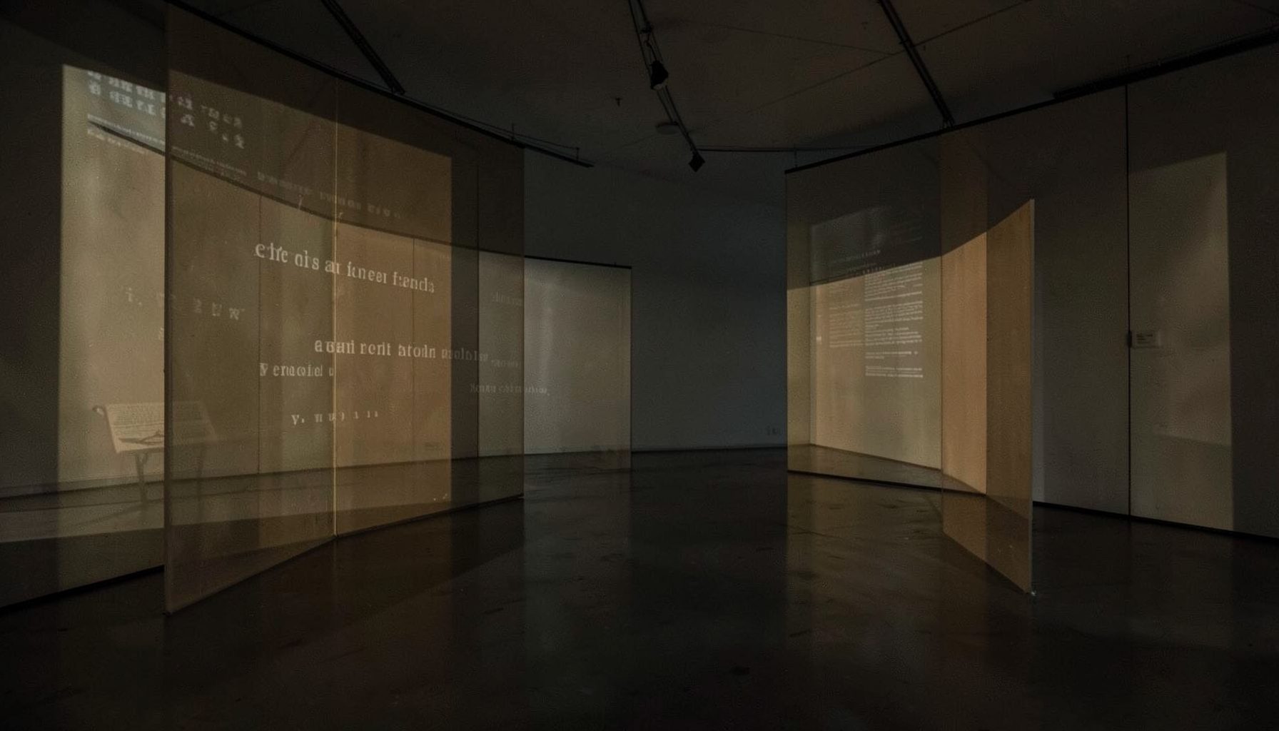 A contemplative installation featuring projected text and translucent screens in muted amber and charcoal tones