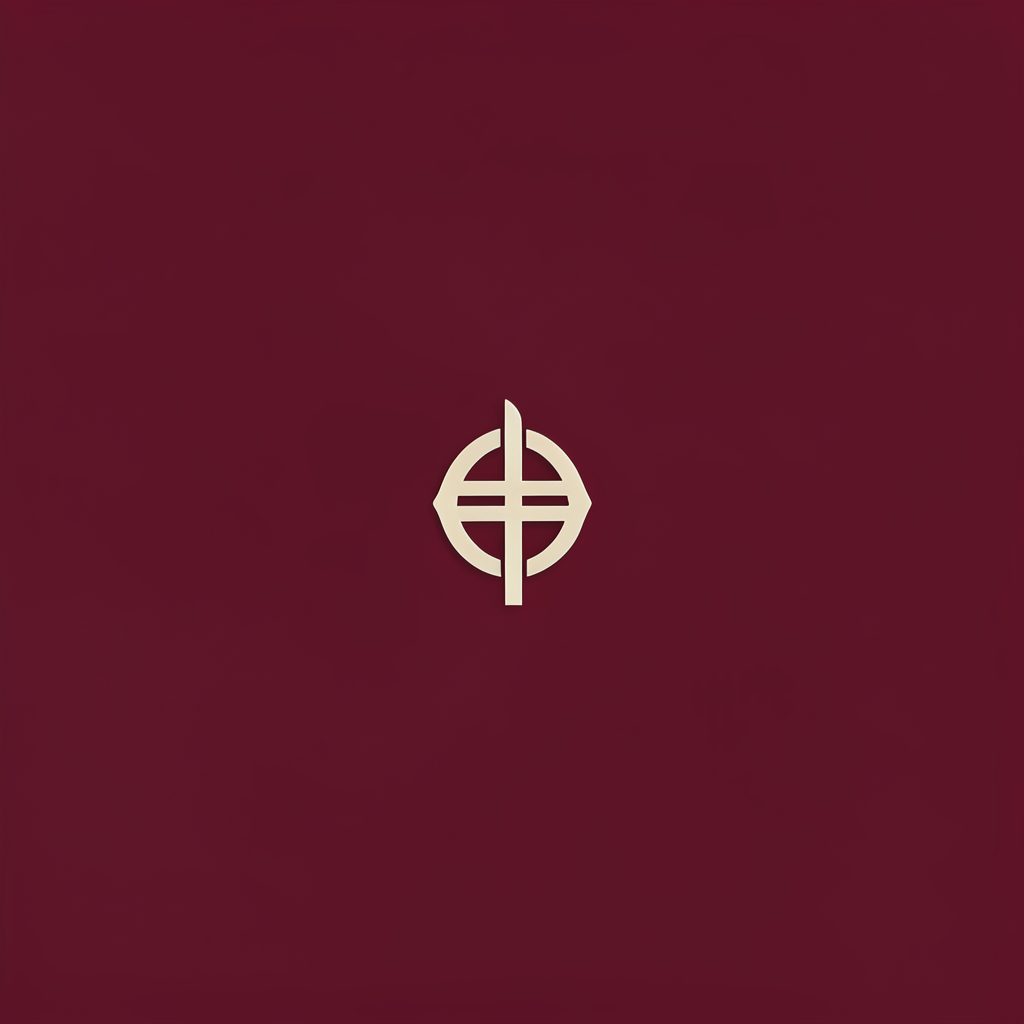 A small, centered emblem or monogram in muted cream tones against a deep burgundy background, suggesting an understated artistic identity mark.