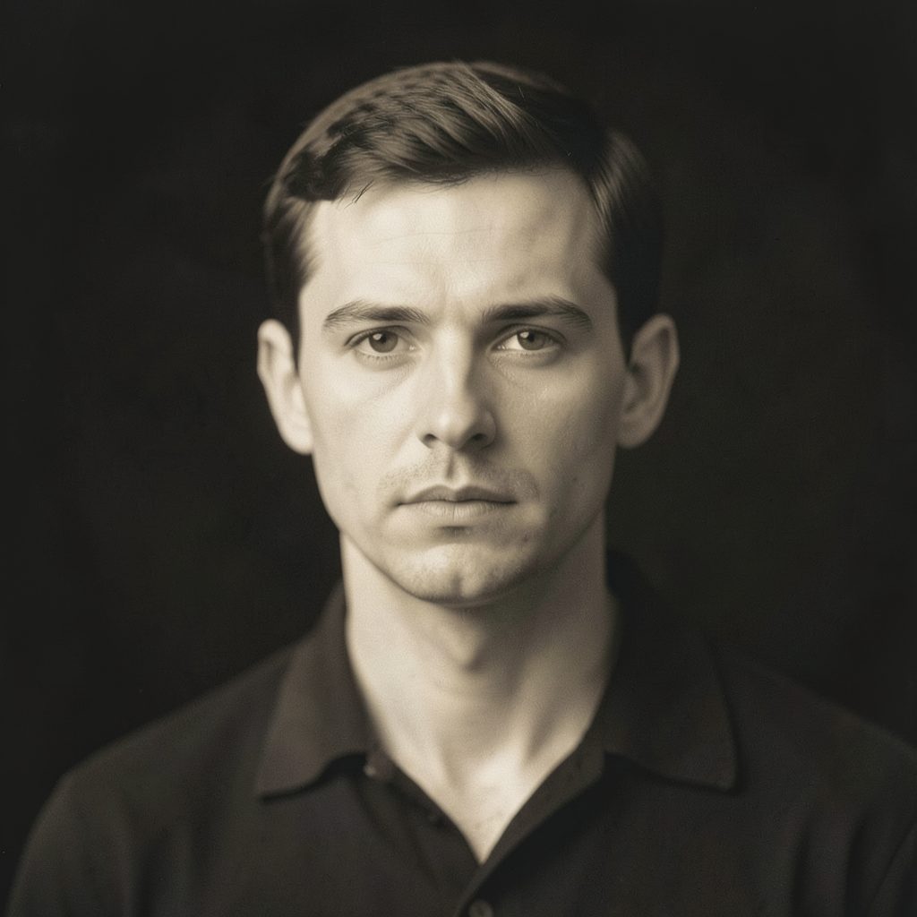 A small, unadorned portrait photograph in muted sepia and cream tones, softly lit against a dark background, conveying quiet intensity.
