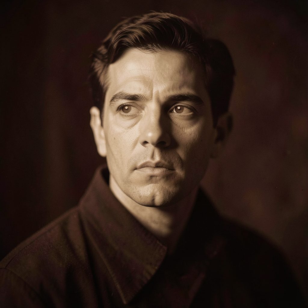 A softly lit artist portrait in warm sepia and deep burgundy tones, with a contemplative mood and shallow depth of field