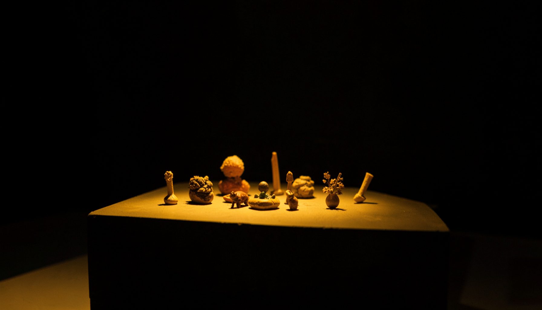 An intimate installation with small-scale objects arranged on a low plinth, bathed in warm golden light against a dark backdrop